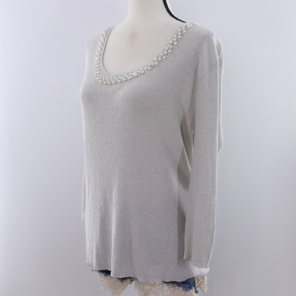 August Silk Knit Sweater Pearl Embellished Scoop Neck Silver Metallic‎ XL